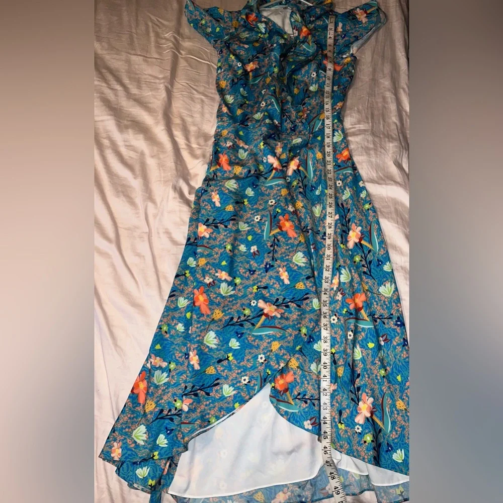 Benares Floral Wrap Maxi Dress Blue Orange Ruffle Detail Size S - Picture 5 of 6